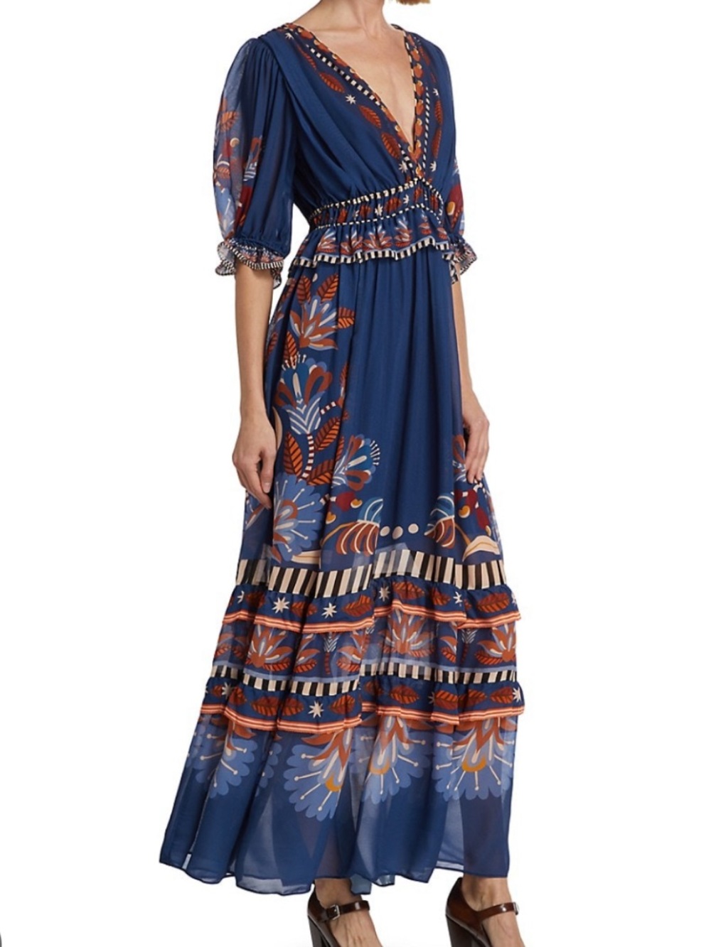 FARM Rio Sz S Dress Nature Beauty Floral V-neck Maxi Blue Chiffon Anthropologie.